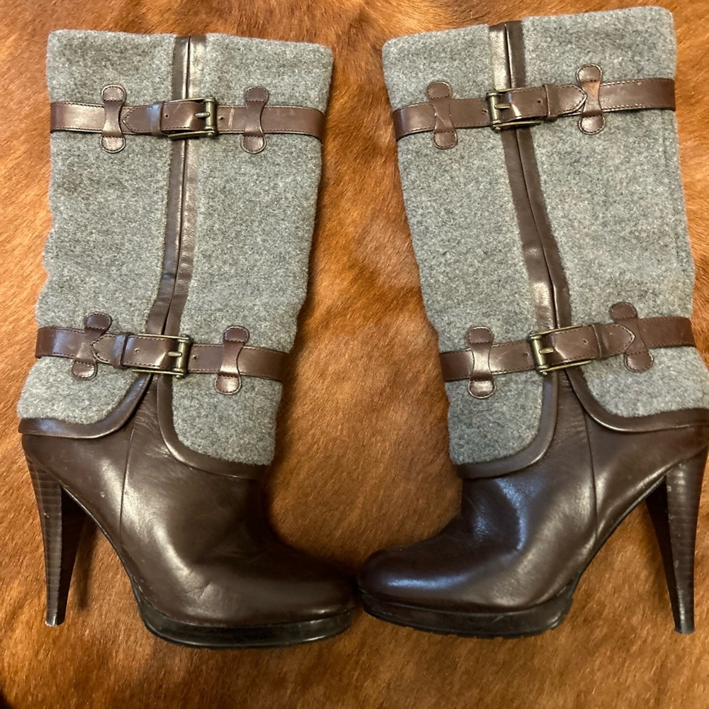 COLE HAAN « Air Kennedy » Brown Leather Gray Wool Felt High Heel Boots SIZE 5